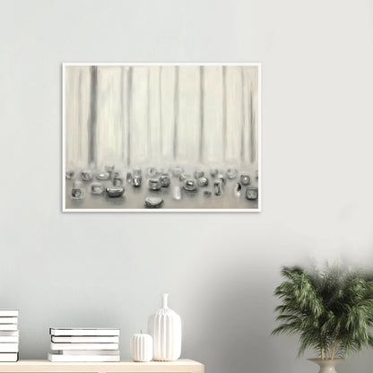 Minimalist pale composition with translucent silver forms resting beneath misty vertical lines in a serene monochrome atmosphere.