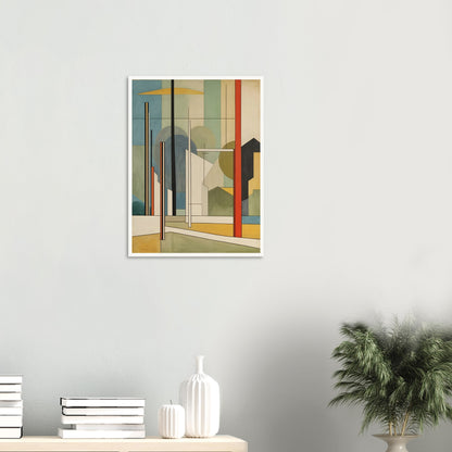 A geometric artwork featuring abstract buildings, trees, and poles with clean lines in earthy tones of green, yellow, red, and beige, creating a modern cityscape.