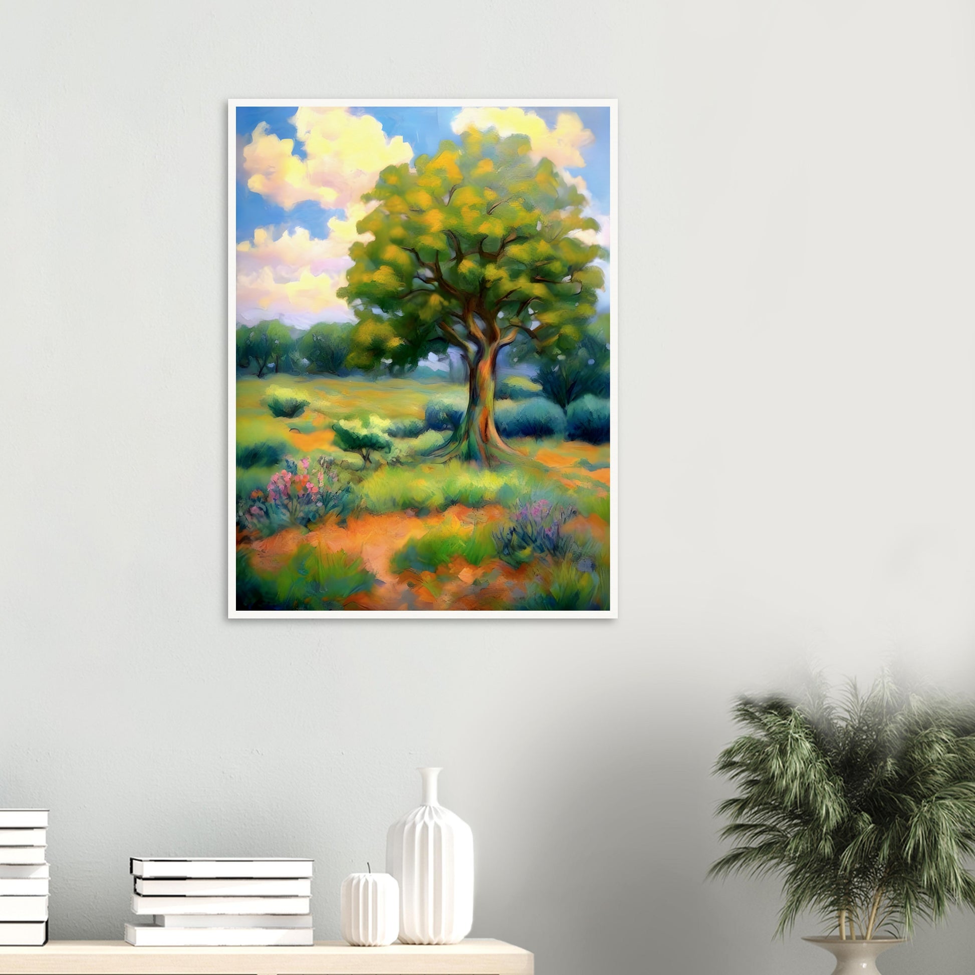 A lush, vibrant landscape featuring a majestic tree with golden-green leaves standing in a sunlit meadow, surrounded by wildflowers and rolling hills under a bright sky.