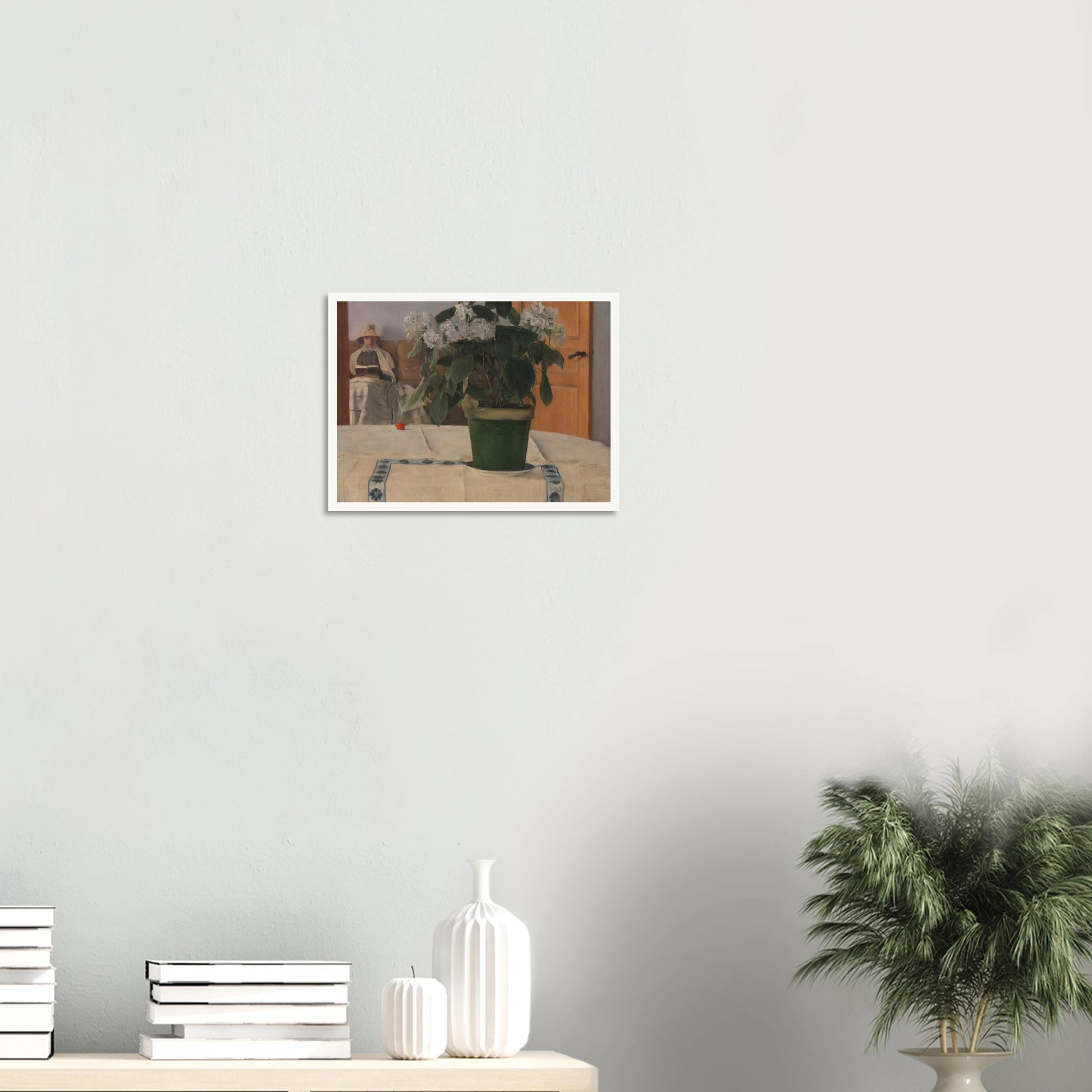 A potted hydrangea dominates a quiet interior as a bonneted woman reads in the softly lit background.