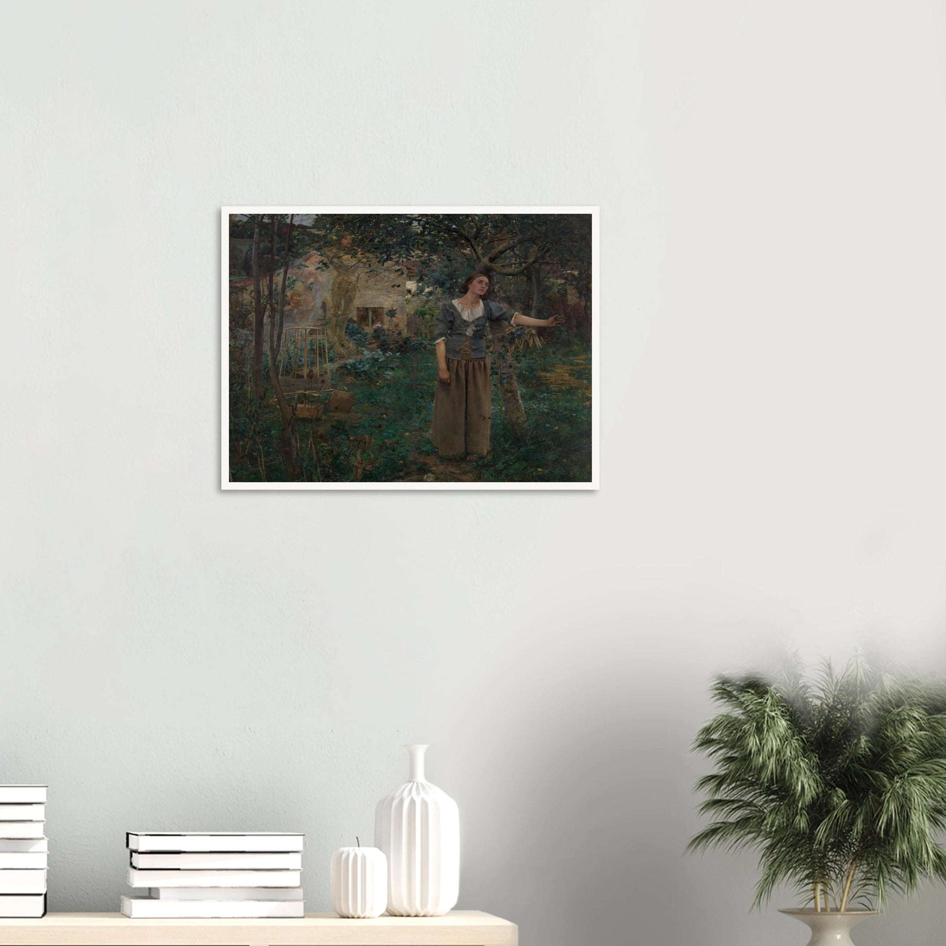 Joan of Arc stands in a garden as luminous saints appear behind her