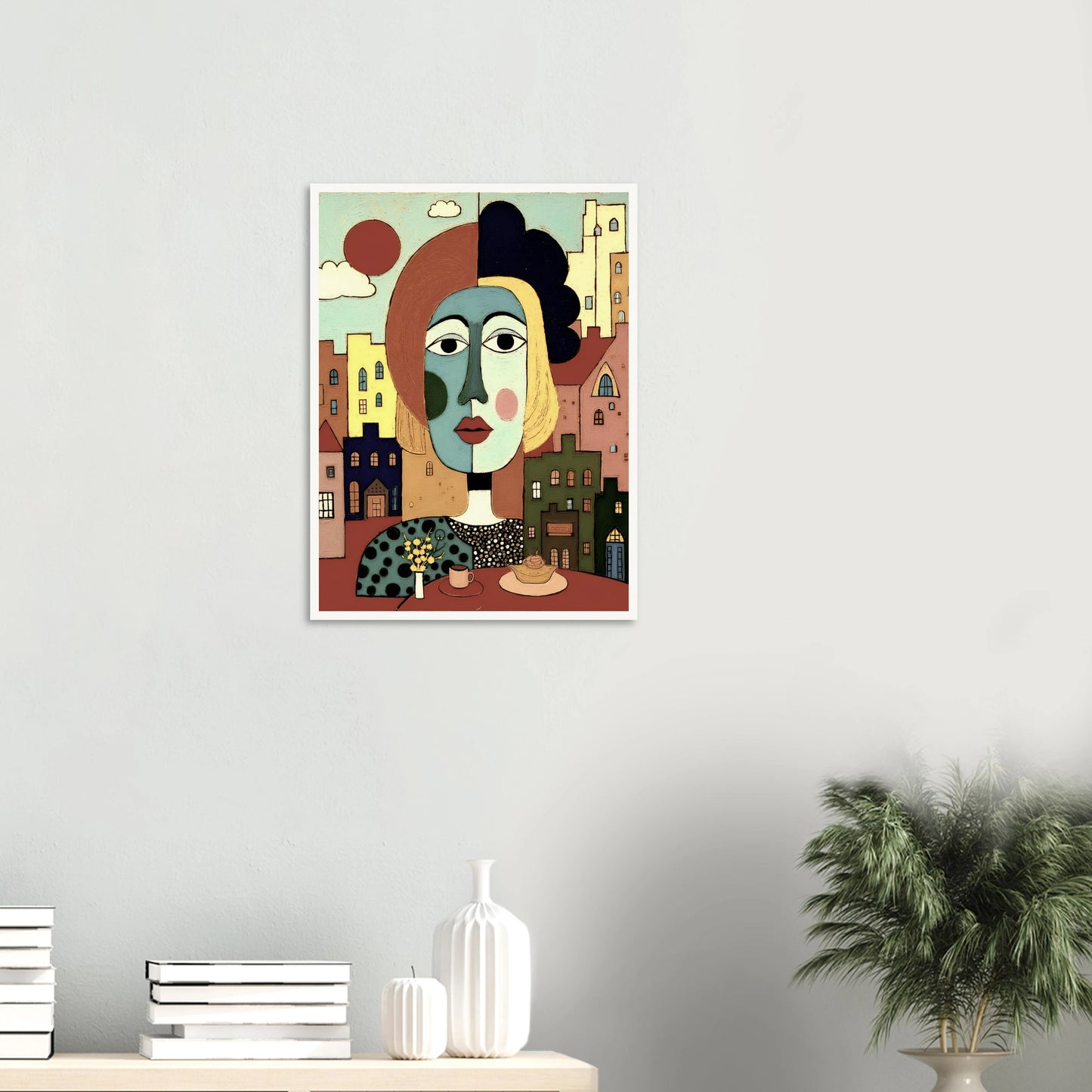 A cubist portrait of a woman at a café table with coffee and pastry, set against a pastel-colored cityscape and warm red sun.