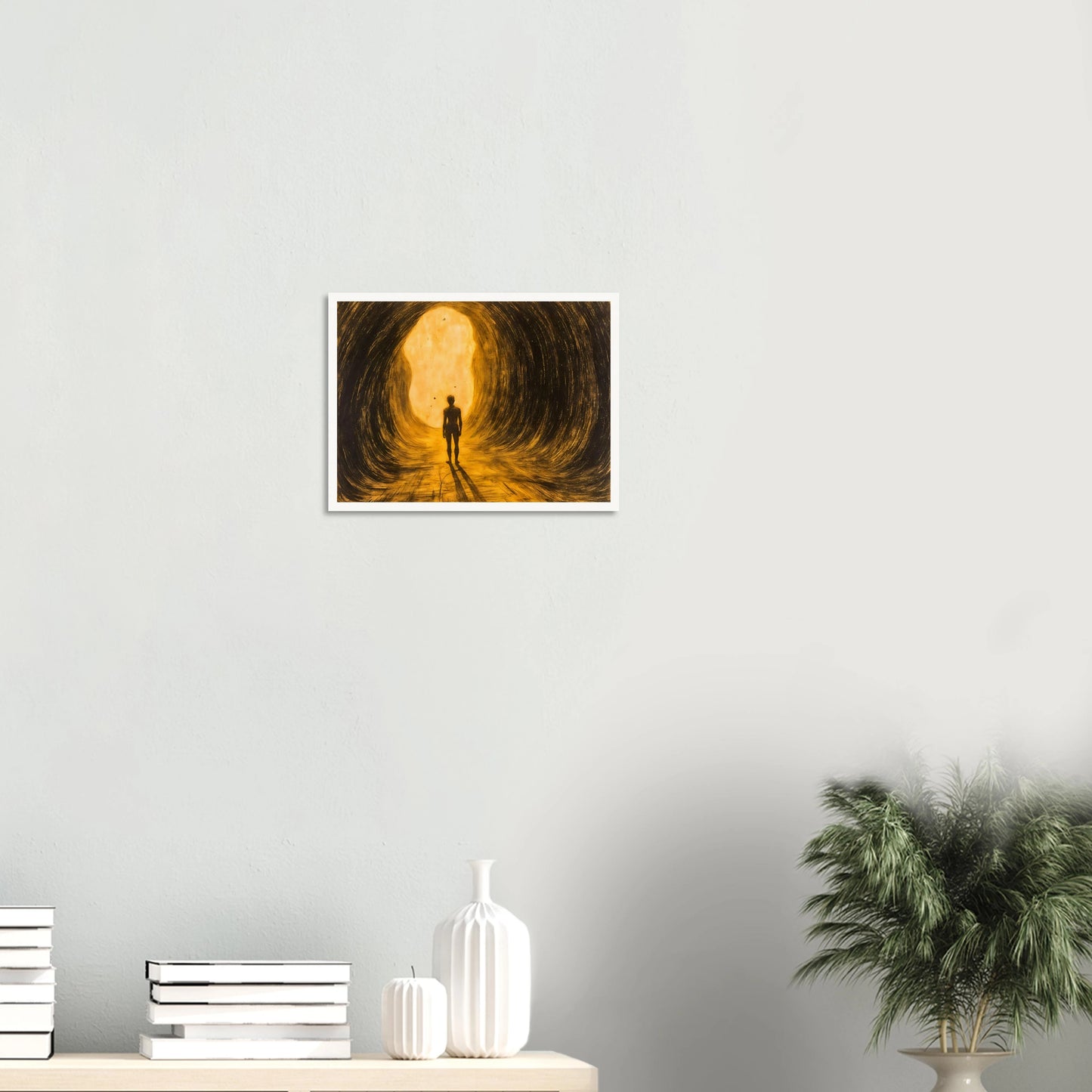 A lone silhouette walks through a glowing golden tunnel, surrounded by sweeping dark textures and radiant light ahead.