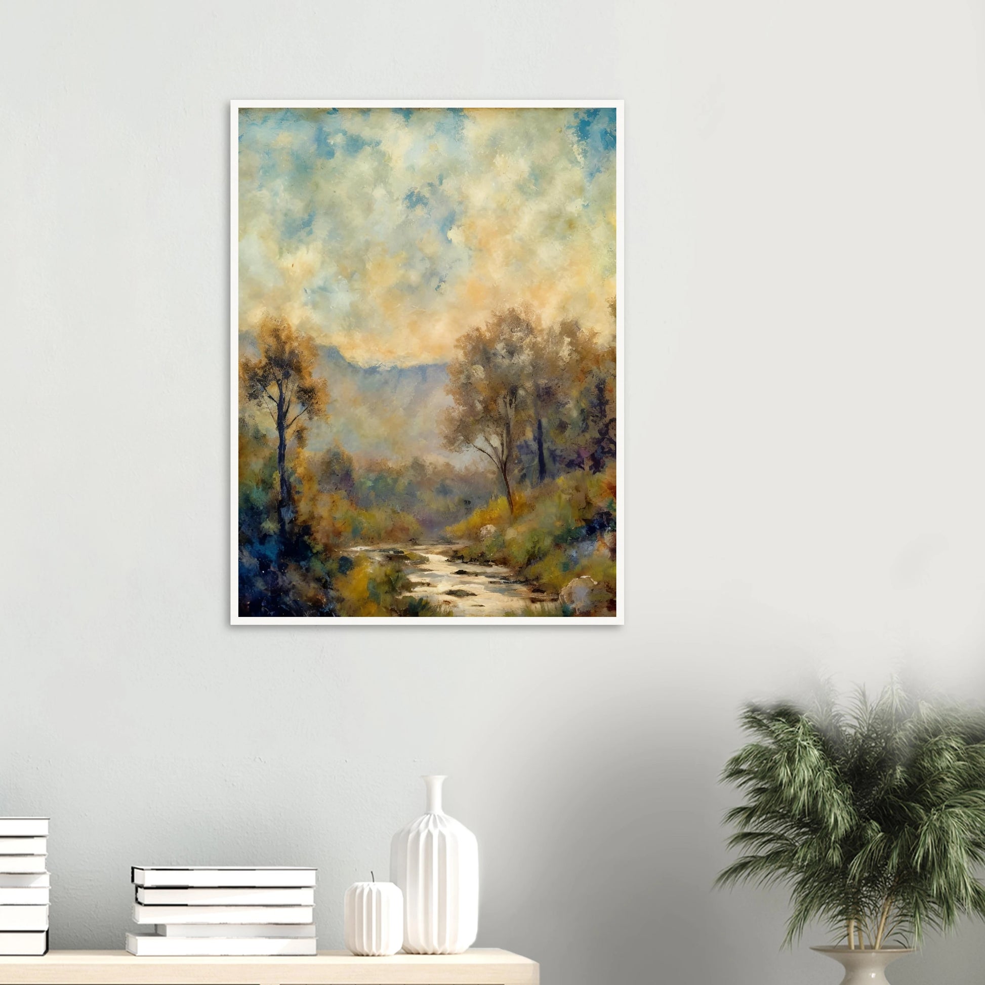 A misty river winds through a sun-dappled forest with soft blue mountains and cloudy skies in the distance.