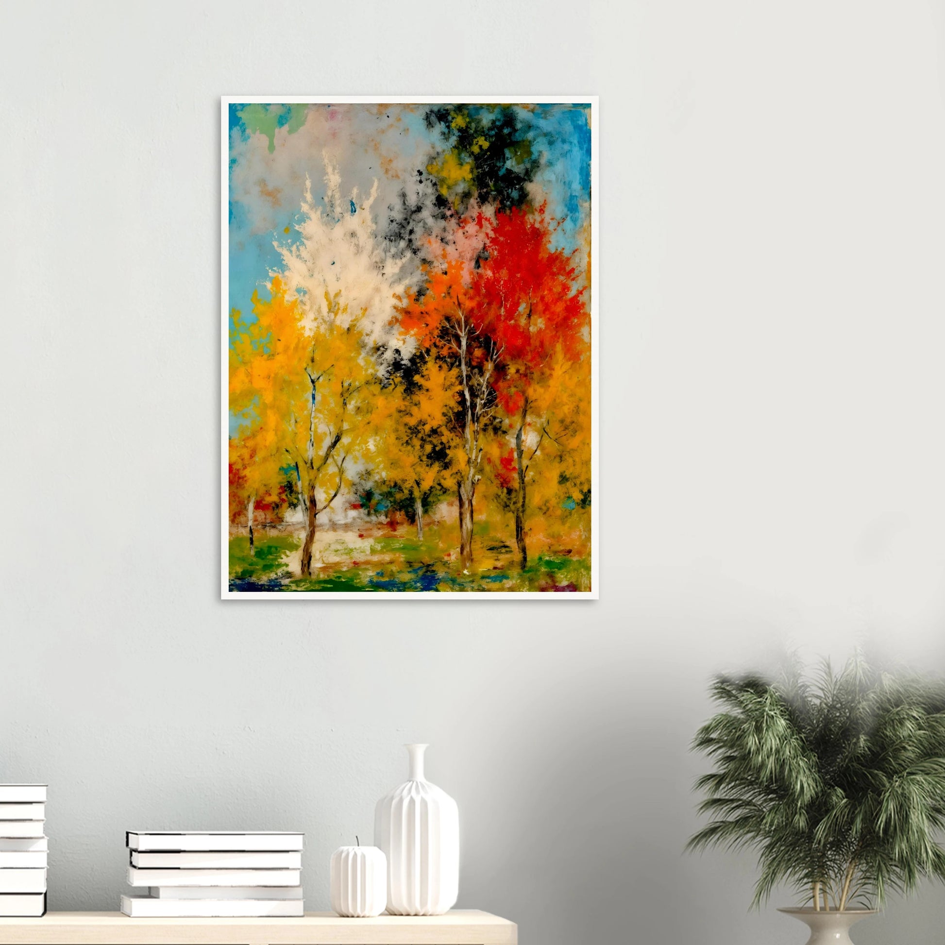 A vivid woodland painting of golden and crimson autumn trees beneath bright blue skies, bursting with expressive seasonal color.