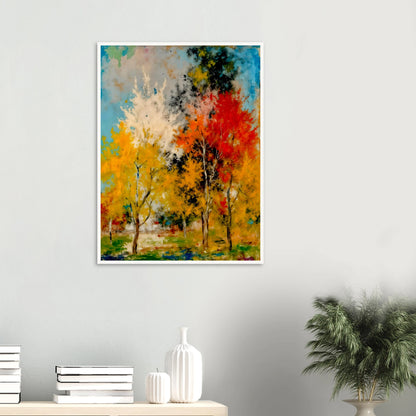 A vivid woodland painting of golden and crimson autumn trees beneath bright blue skies, bursting with expressive seasonal color.