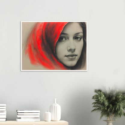 A soft portrait of a young woman draped in a vivid red hood, her calm gaze contrasting with the fiery energy surrounding her.