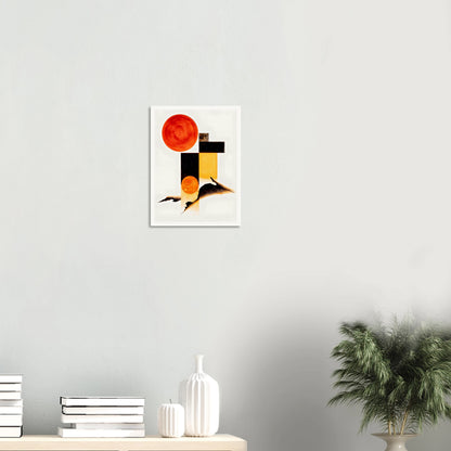 A minimalist abstract composition featuring bold orange circular forms, geometric black and golden rectangles, and flowing dark organic shapes set against a bright white background.