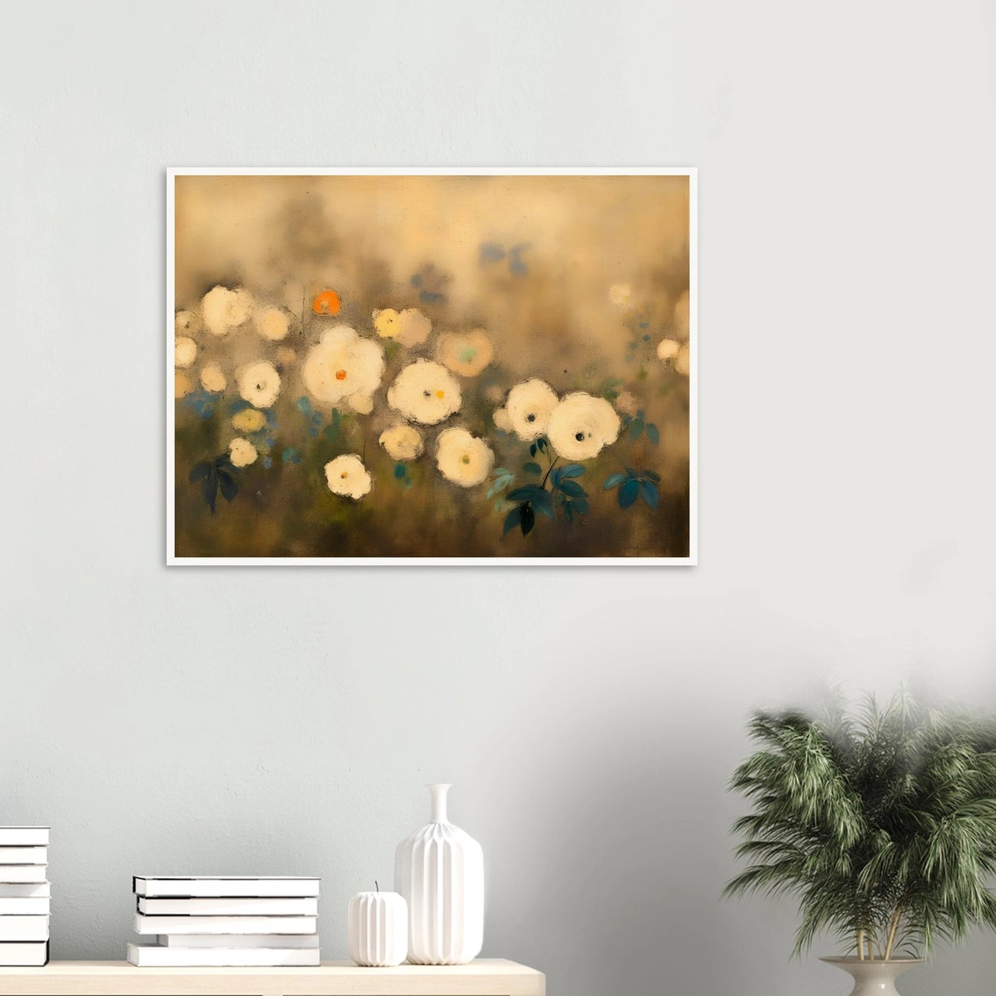 A dreamy floral painting featuring delicate white blossoms scattered across a softly blurred golden-beige background, accented with muted green and blue foliage.