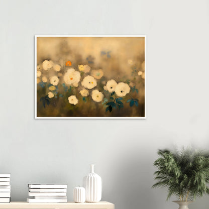 A dreamy floral painting featuring delicate white blossoms scattered across a softly blurred golden-beige background, accented with muted green and blue foliage.