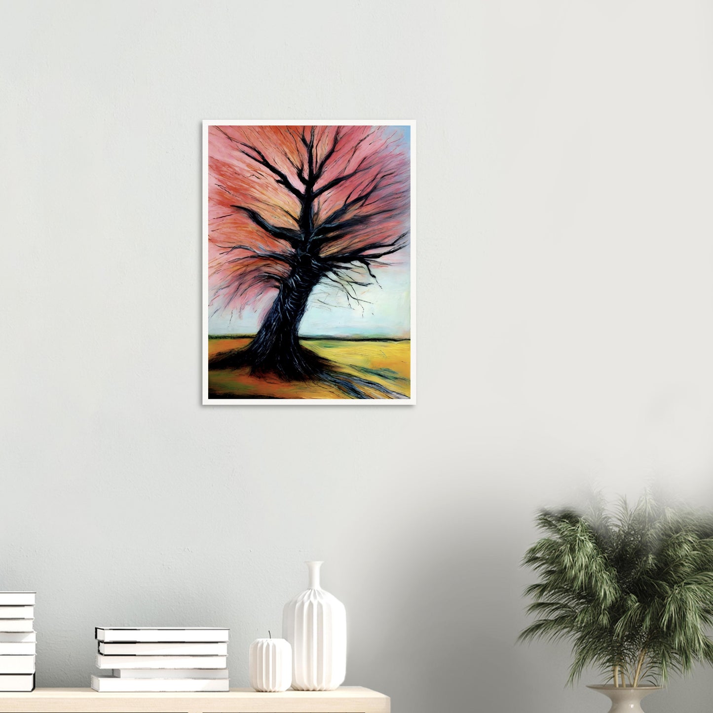 A captivating painting of a twisted tree with dark branches and vibrant pink and orange leaves, set against a serene countryside.