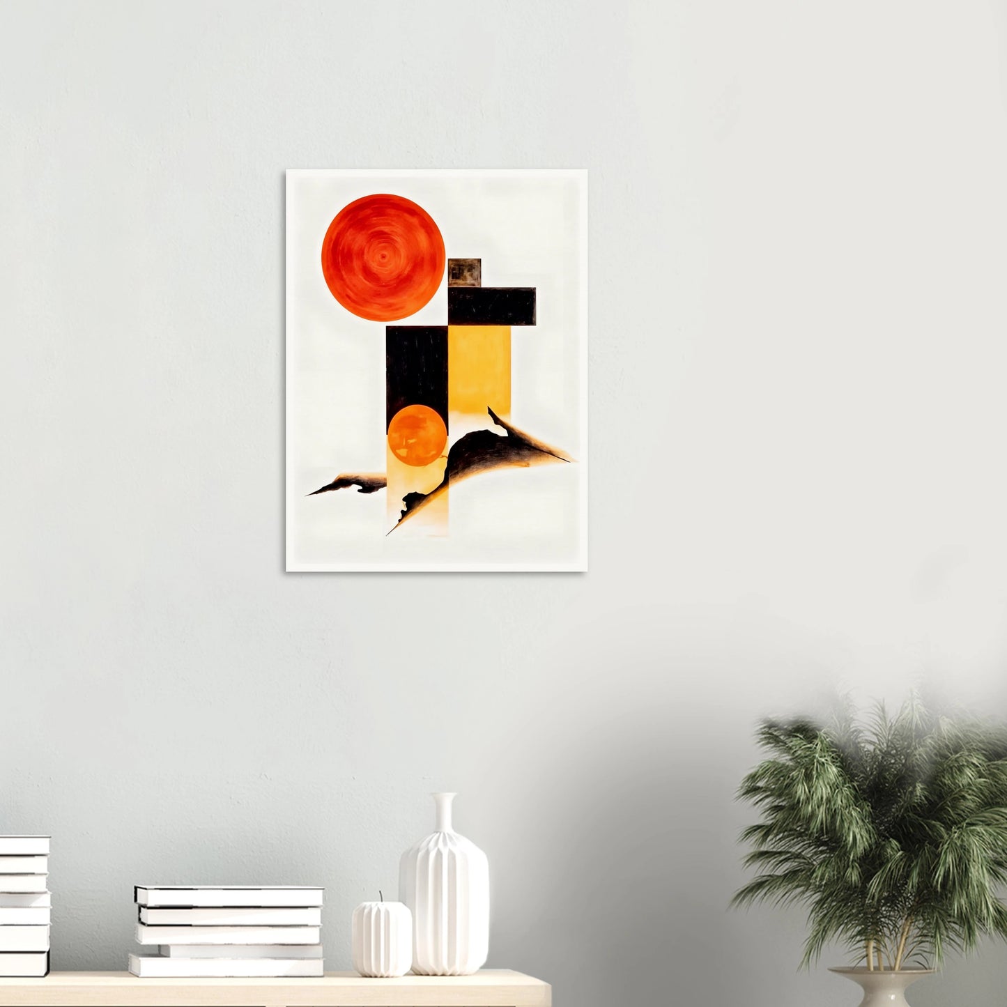 A minimalist abstract composition featuring bold orange circular forms, geometric black and golden rectangles, and flowing dark organic shapes set against a bright white background.