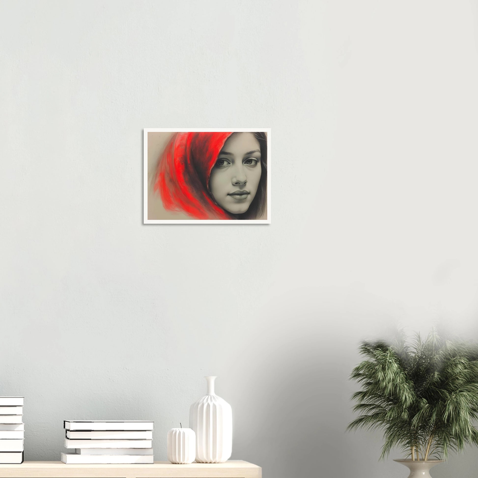 A soft portrait of a young woman draped in a vivid red hood, her calm gaze contrasting with the fiery energy surrounding her.