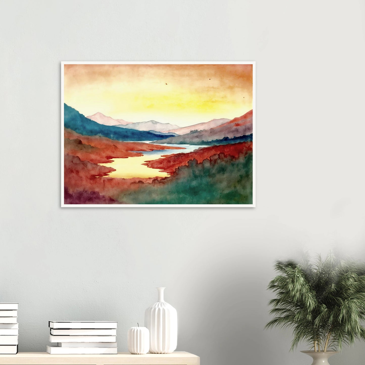 A luminous river winds through crimson hills and distant mountains beneath a glowing sky washed with warm light.