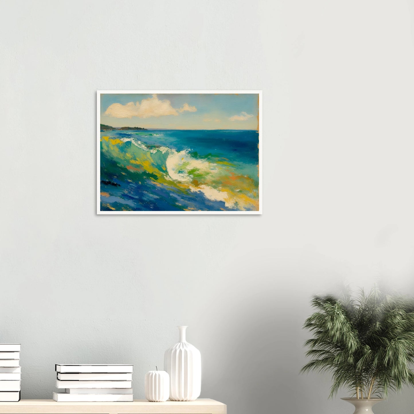 A rolling turquoise wave curls beneath soft clouds, with sunlight dancing across vibrant coastal waters.