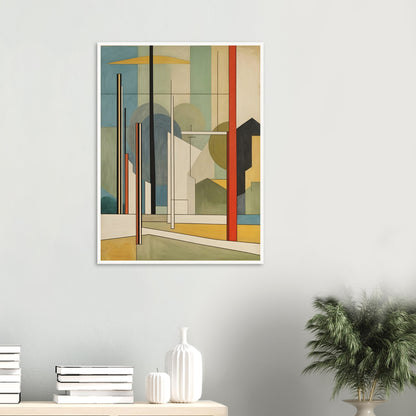 A geometric artwork featuring abstract buildings, trees, and poles with clean lines in earthy tones of green, yellow, red, and beige, creating a modern cityscape.