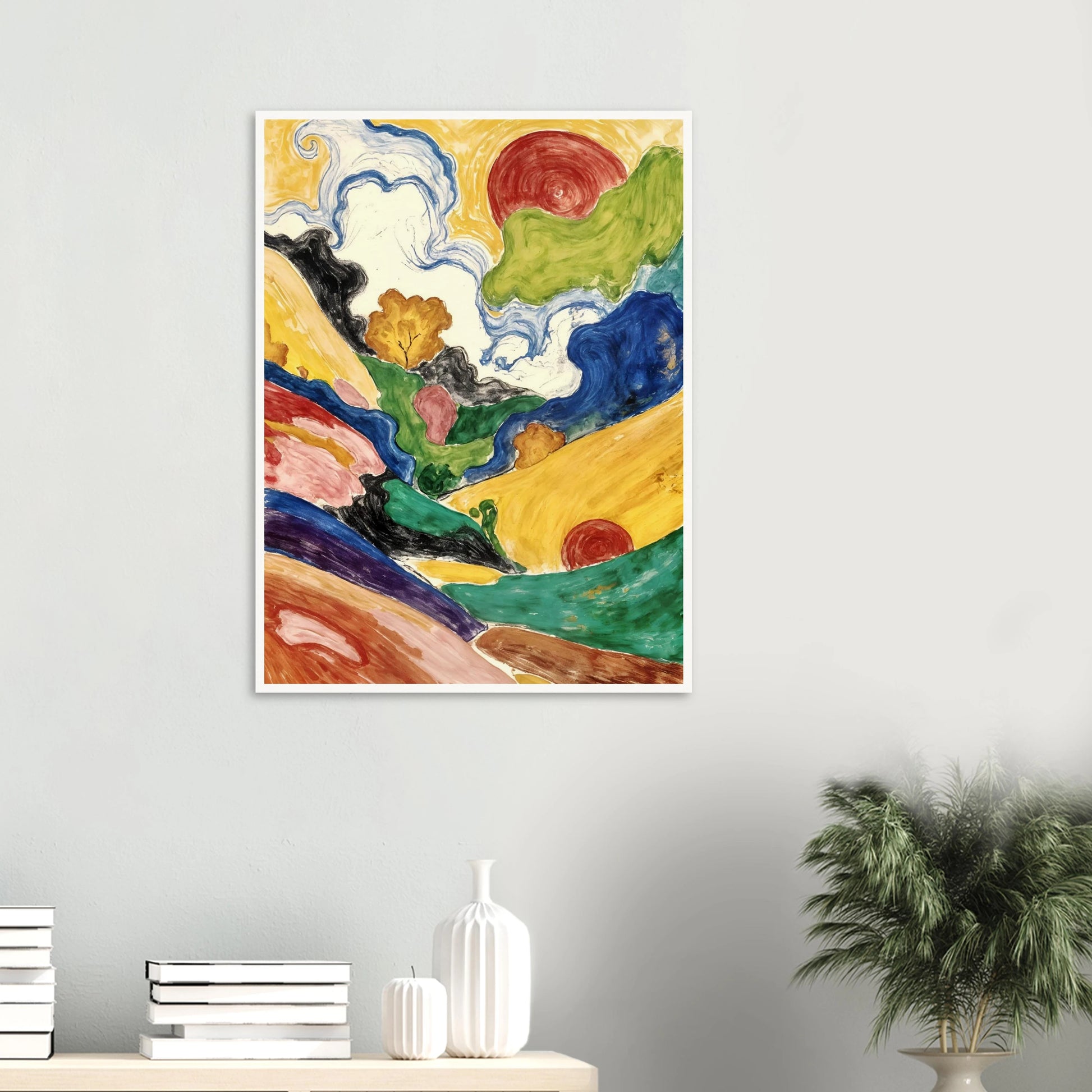 Flowing hills, swirling skies, and crimson suns weave through a vivid landscape filled with movement and color.