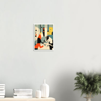 An abstract painting featuring a black-and-white cow interacting with a figure in a bold red and black outfit, set against a geometric background in shades of teal, yellow, and cream.
