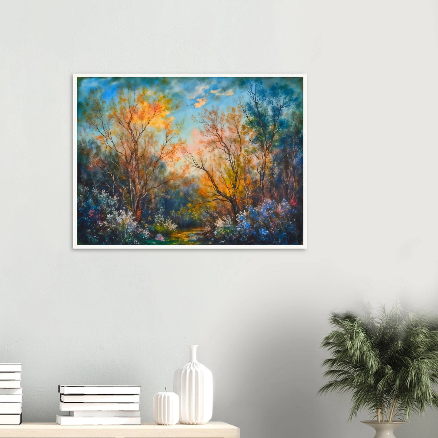 Radiant woodland scene with glowing autumn trees, delicate wildflowers, and a sunlit forest path beneath a vivid blue sky.