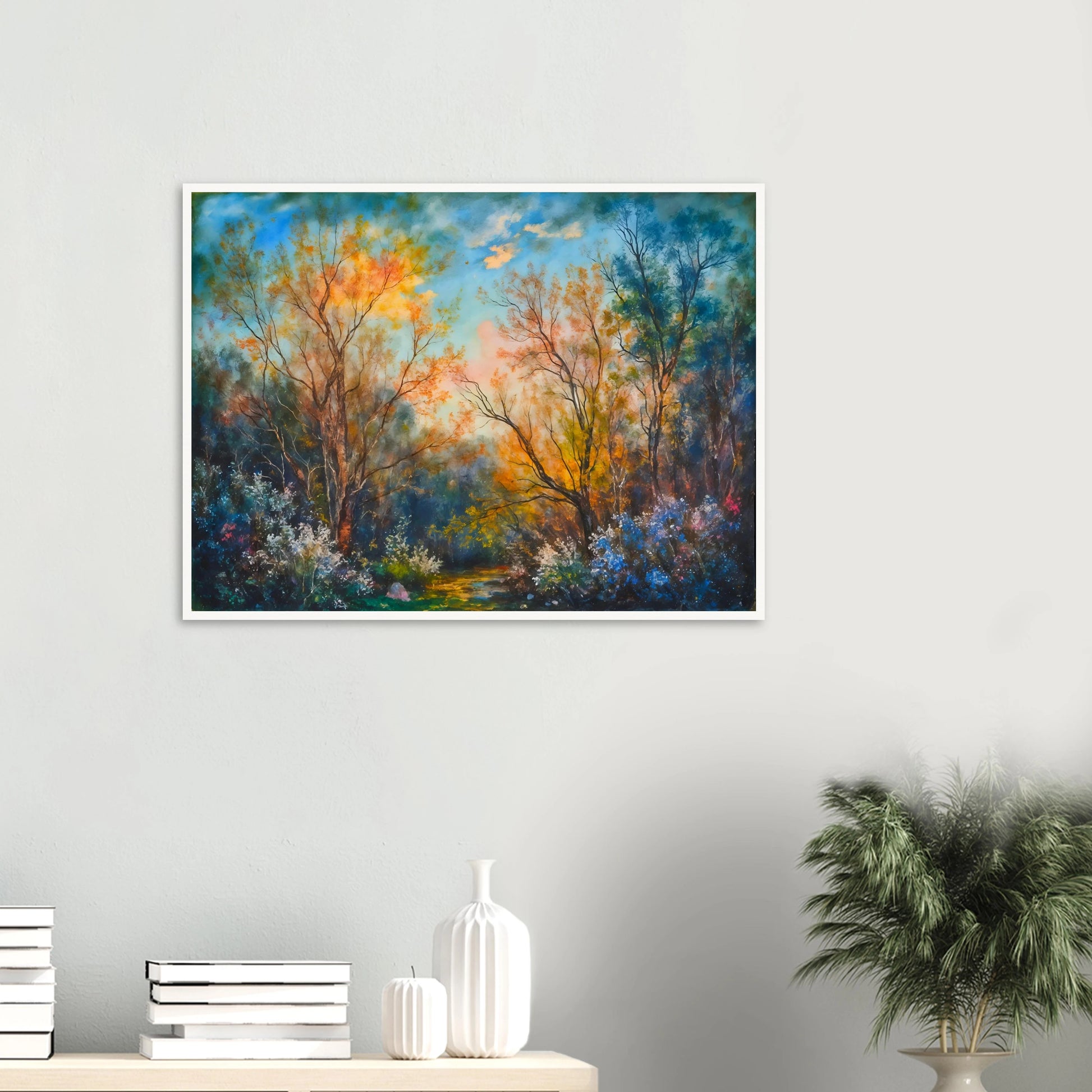 Radiant woodland scene with glowing autumn trees, delicate wildflowers, and a sunlit forest path beneath a vivid blue sky.