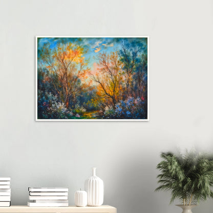 Radiant woodland scene with glowing autumn trees, delicate wildflowers, and a sunlit forest path beneath a vivid blue sky.