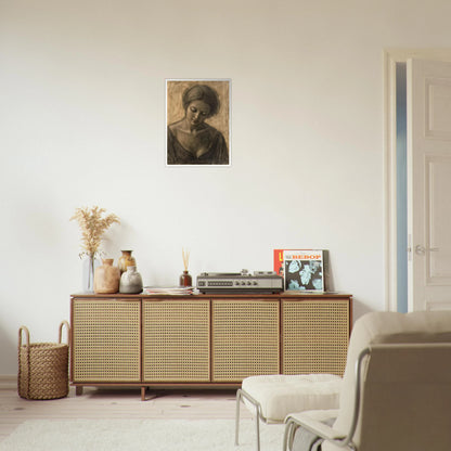 A soft sepia portrait of a contemplative woman with lowered gaze, delicate features, and timeless elegance.