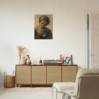 A soft sepia portrait of a contemplative woman with lowered gaze, delicate features, and timeless elegance.
