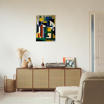 A bold geometric painting with angular shapes in deep greens, blues, yellows, and whites, resembling an abstract cityscape or architectural forms.