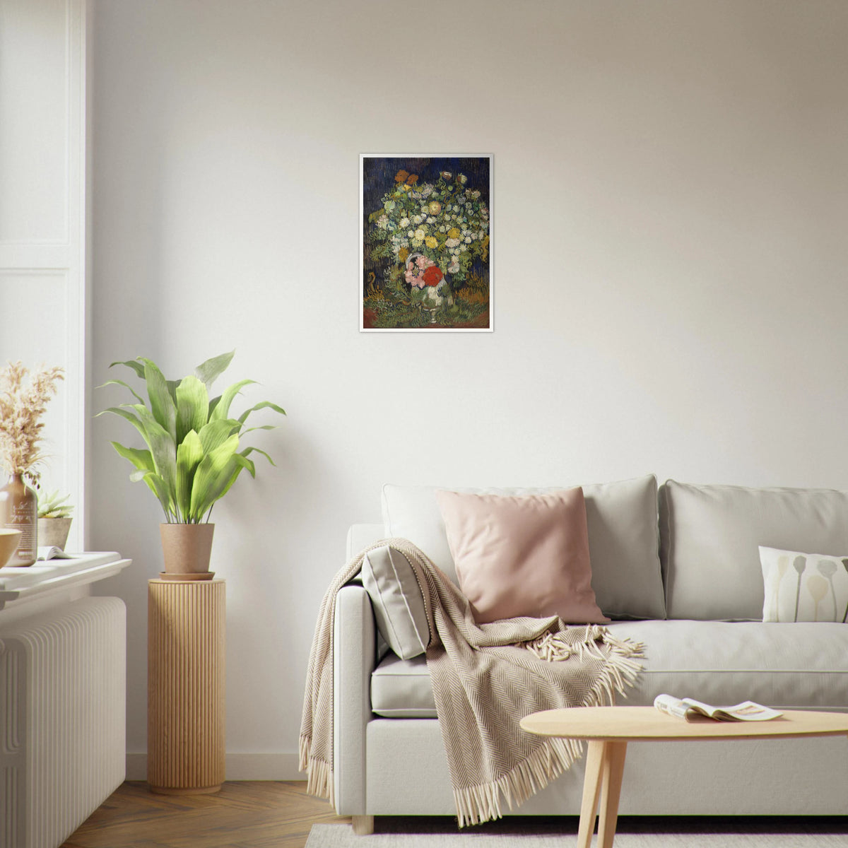 A lush bouquet of white, yellow, pink, and red flowers rises from a vase against a dark blue background.