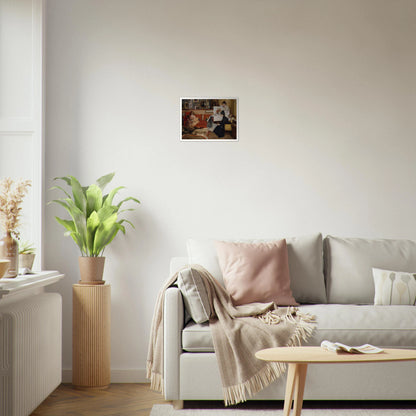 Three women gather in an artist’s studio with an easel, red sofa, framed pictures, and scattered art materials.
