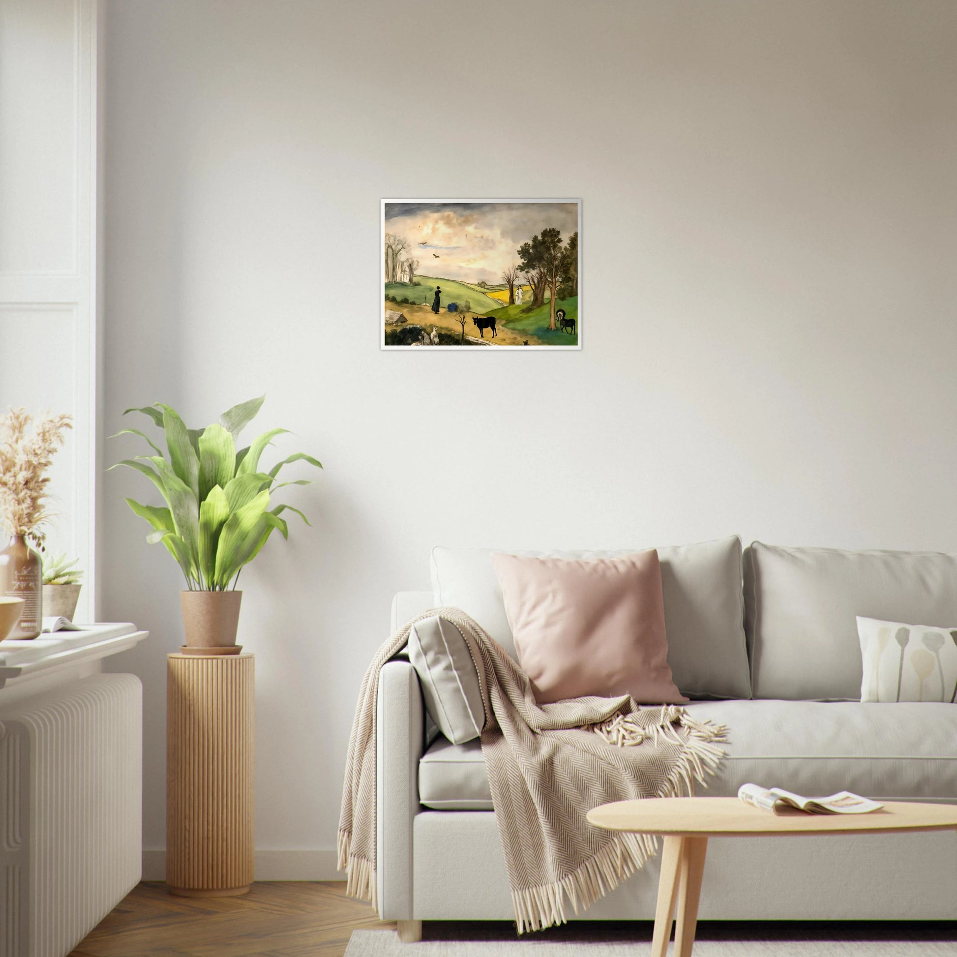 Figures, horses, birds, and trees rest across rolling green hills beneath a soft cloudy sky.