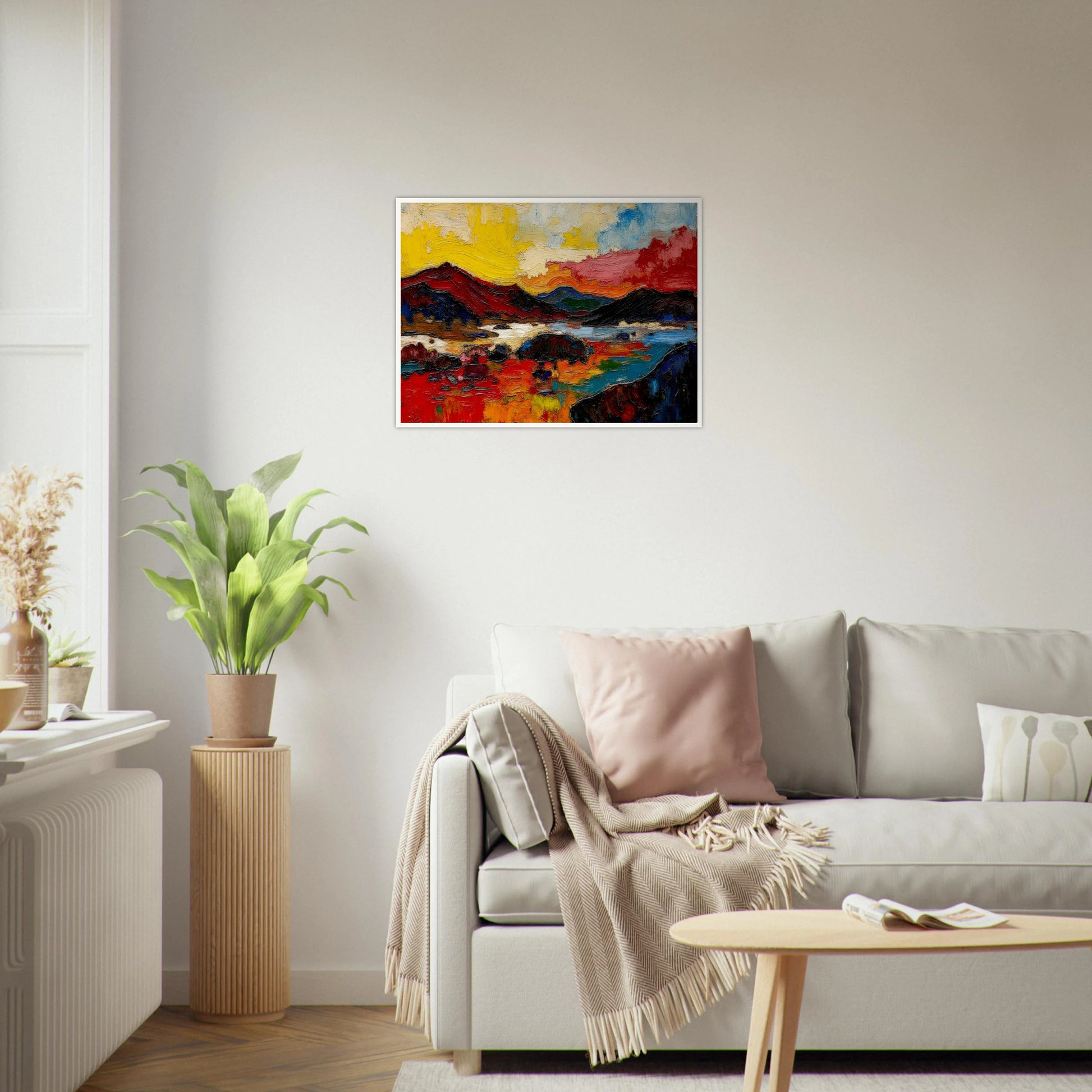 Bold red hills and blue water sit beneath a golden sky in a richly textured landscape.