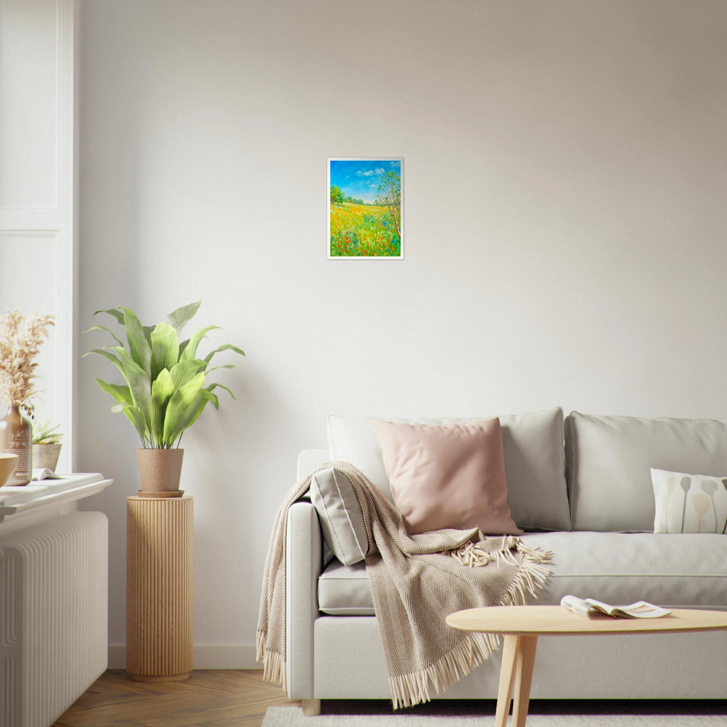 Bright wildflower meadow under clear blue sky with delicate trees, colorful blossoms, and sunlit greenery stretching across a serene spring landscape.