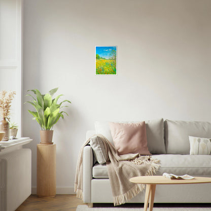 Bright wildflower meadow under clear blue sky with delicate trees, colorful blossoms, and sunlit greenery stretching across a serene spring landscape.
