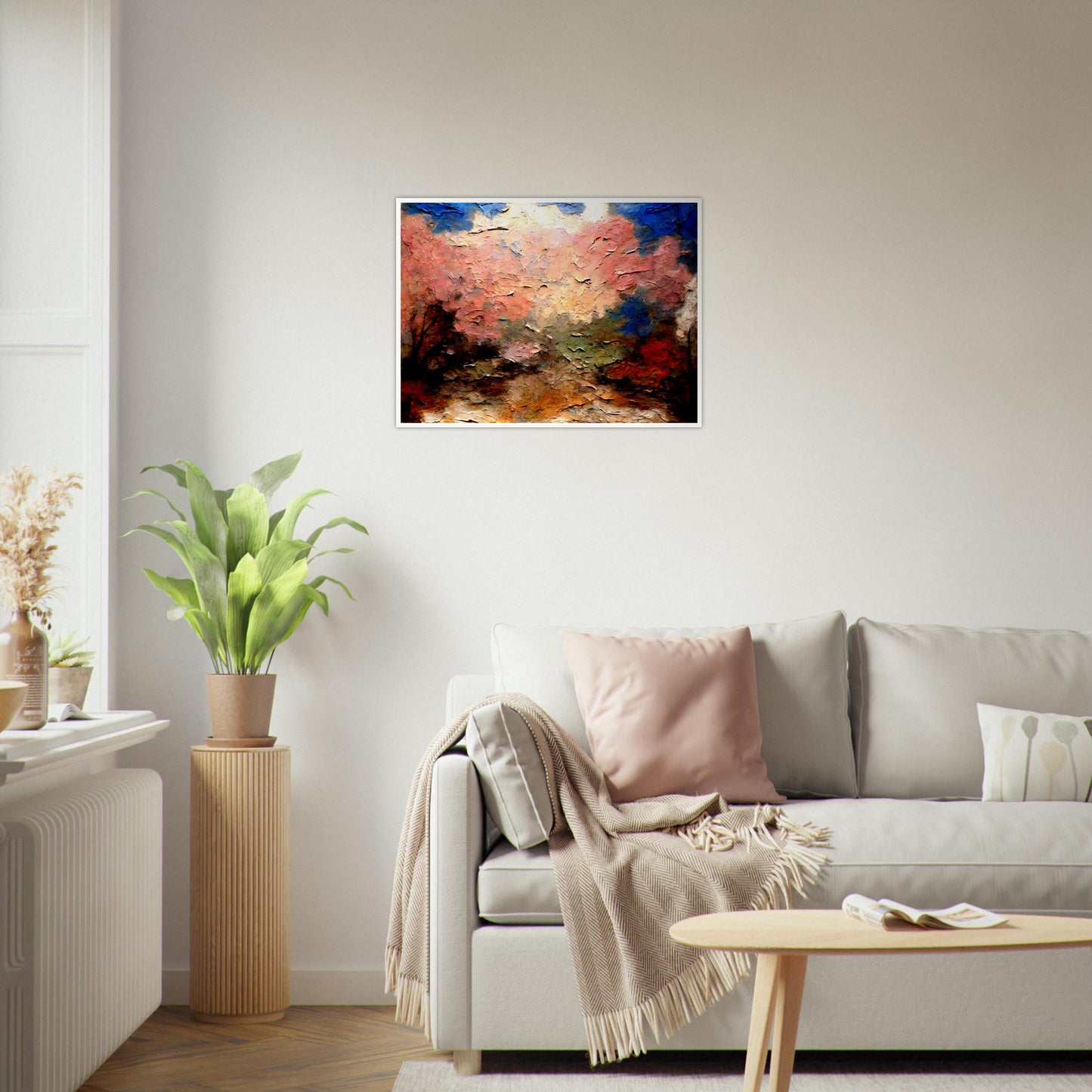 Textured painting of a blossoming landscape with soft pink and peach hues blending with blue and green, creating a vibrant seasonal scene.