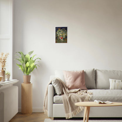 A lush bouquet of white, yellow, pink, and red flowers rises from a vase against a dark blue background.