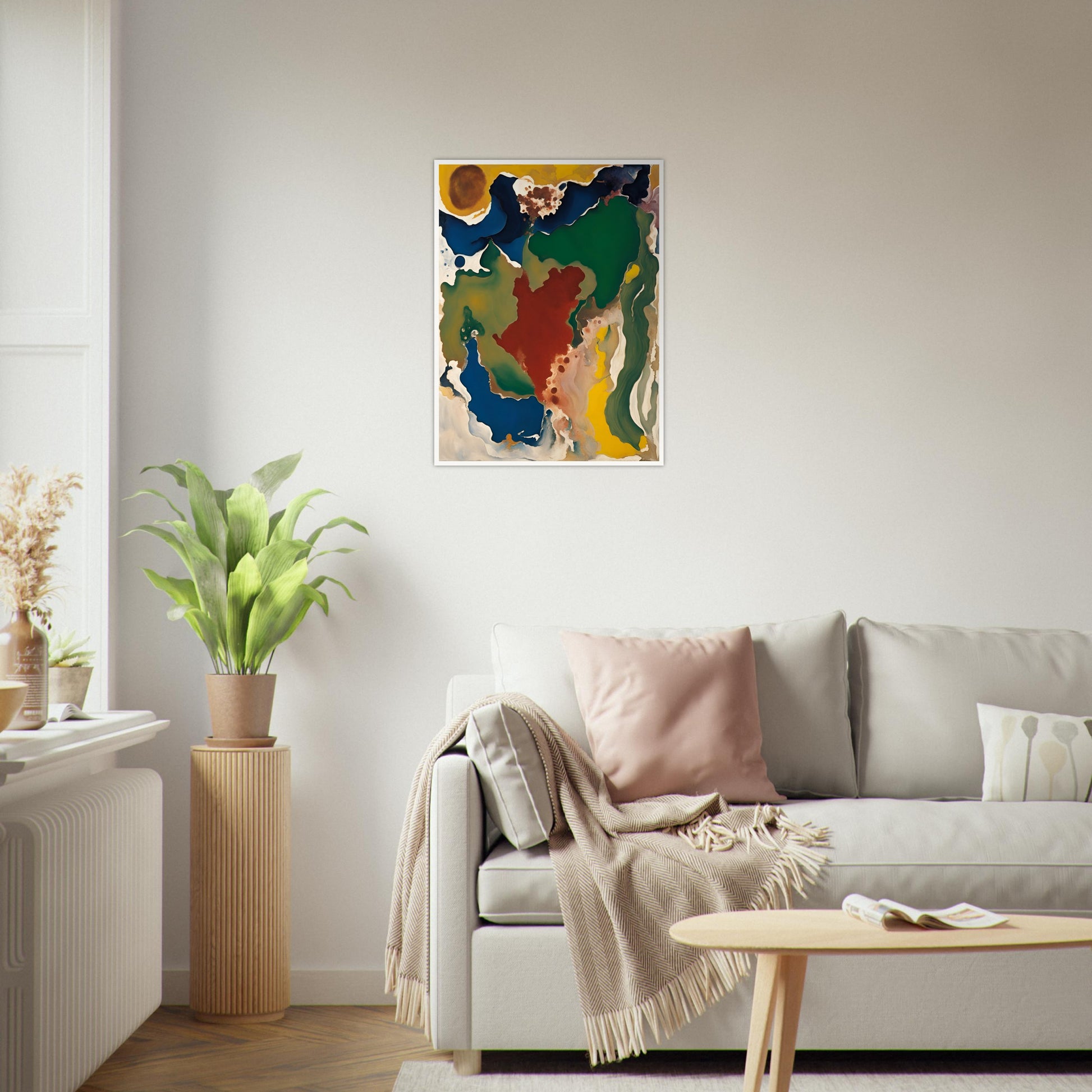 A dynamic abstract painting with fluid, swirling colors of deep greens, blues, reds, and yellows, resembling a dreamlike landscape or organic movement.