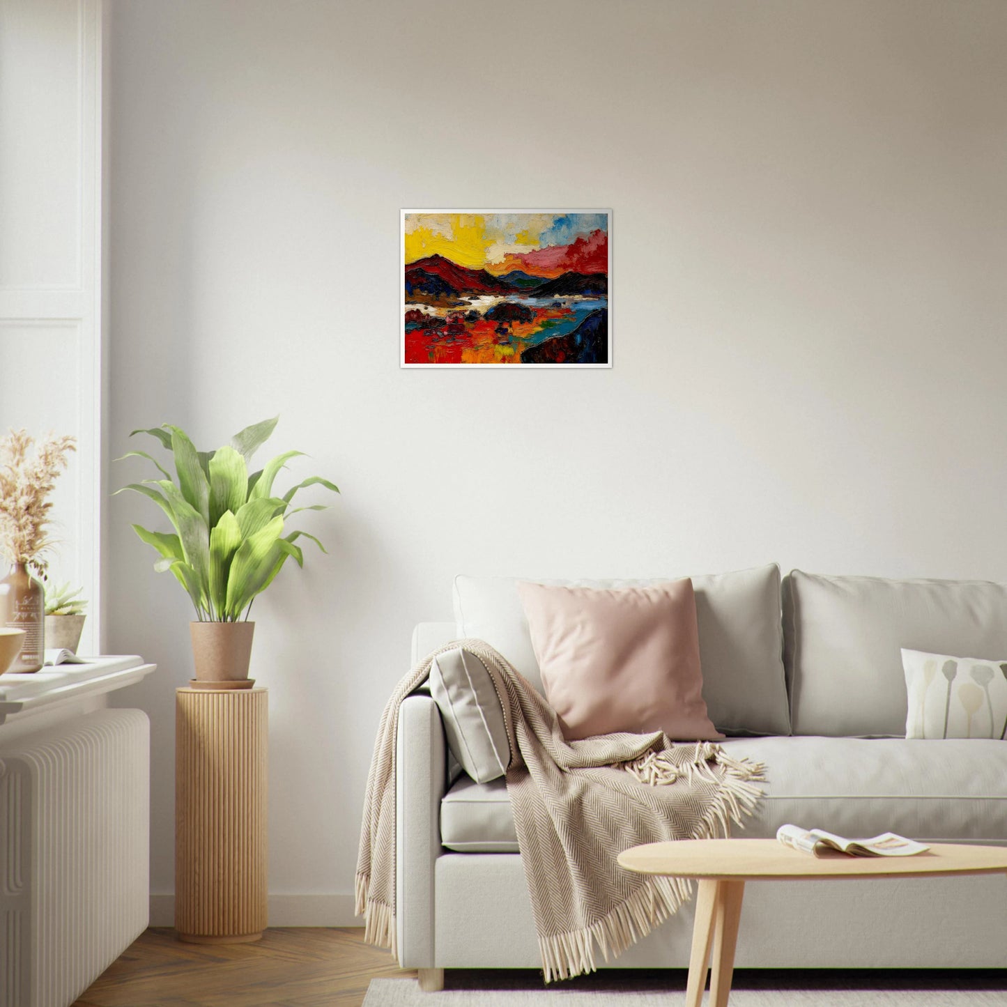 Bold red hills and blue water sit beneath a golden sky in a richly textured landscape.