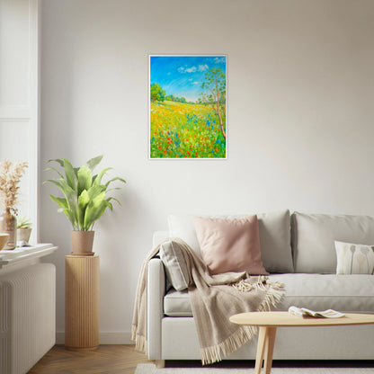 Bright wildflower meadow under clear blue sky with delicate trees, colorful blossoms, and sunlit greenery stretching across a serene spring landscape.