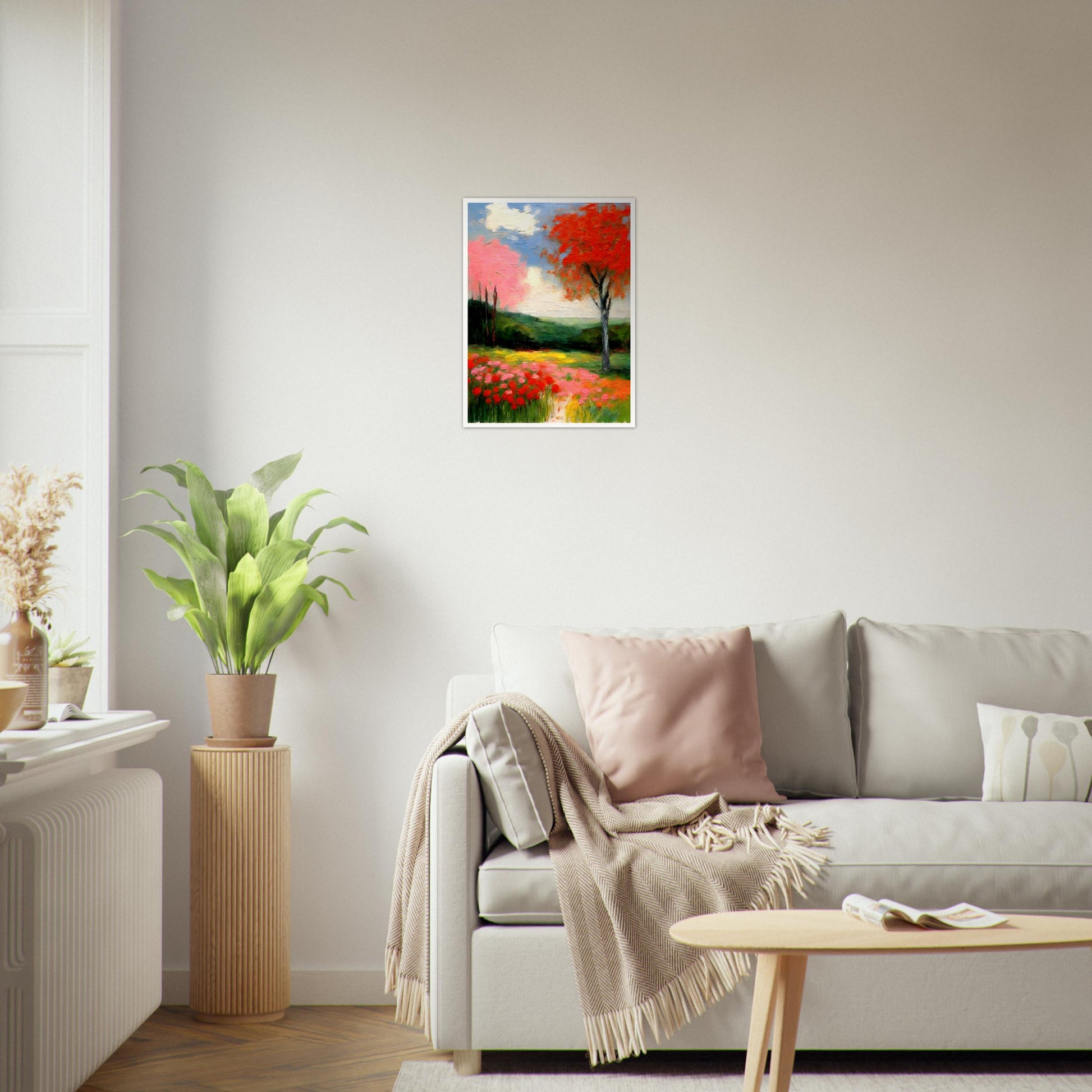 A lush landscape filled with vibrant red, pink, and yellow blossoms beneath a bright sky, featuring a striking autumnal tree with fiery foliage.