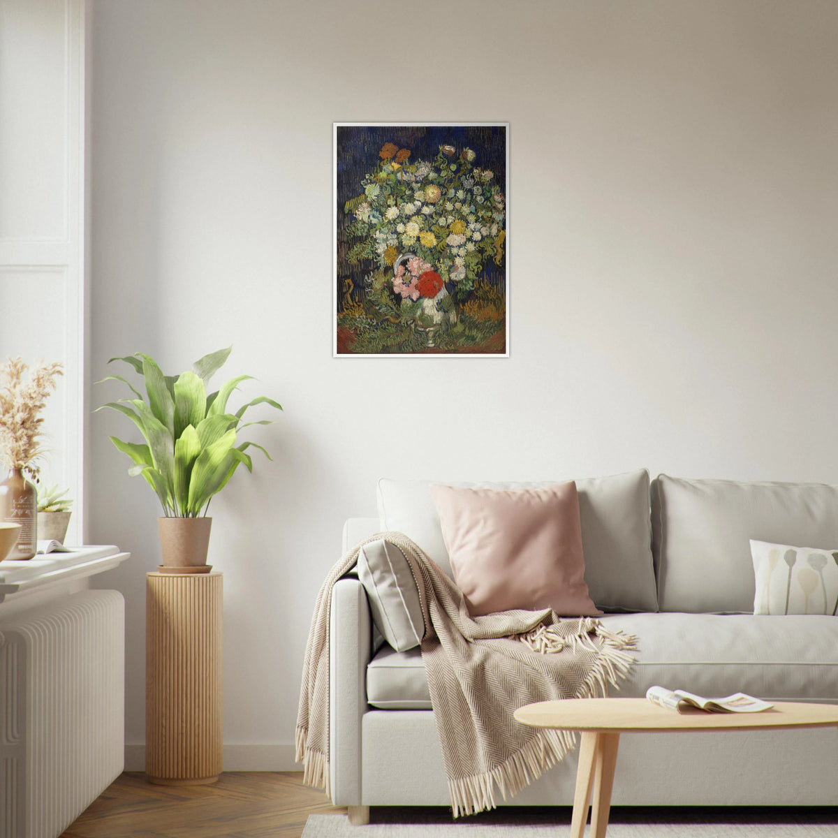 A lush bouquet of white, yellow, pink, and red flowers rises from a vase against a dark blue background.