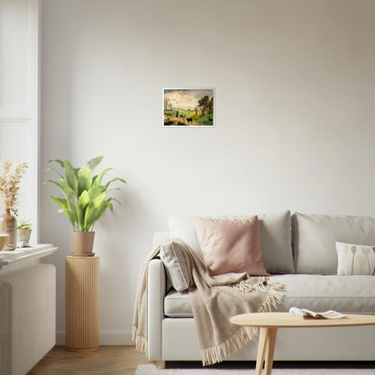 Figures, horses, birds, and trees rest across rolling green hills beneath a soft cloudy sky.