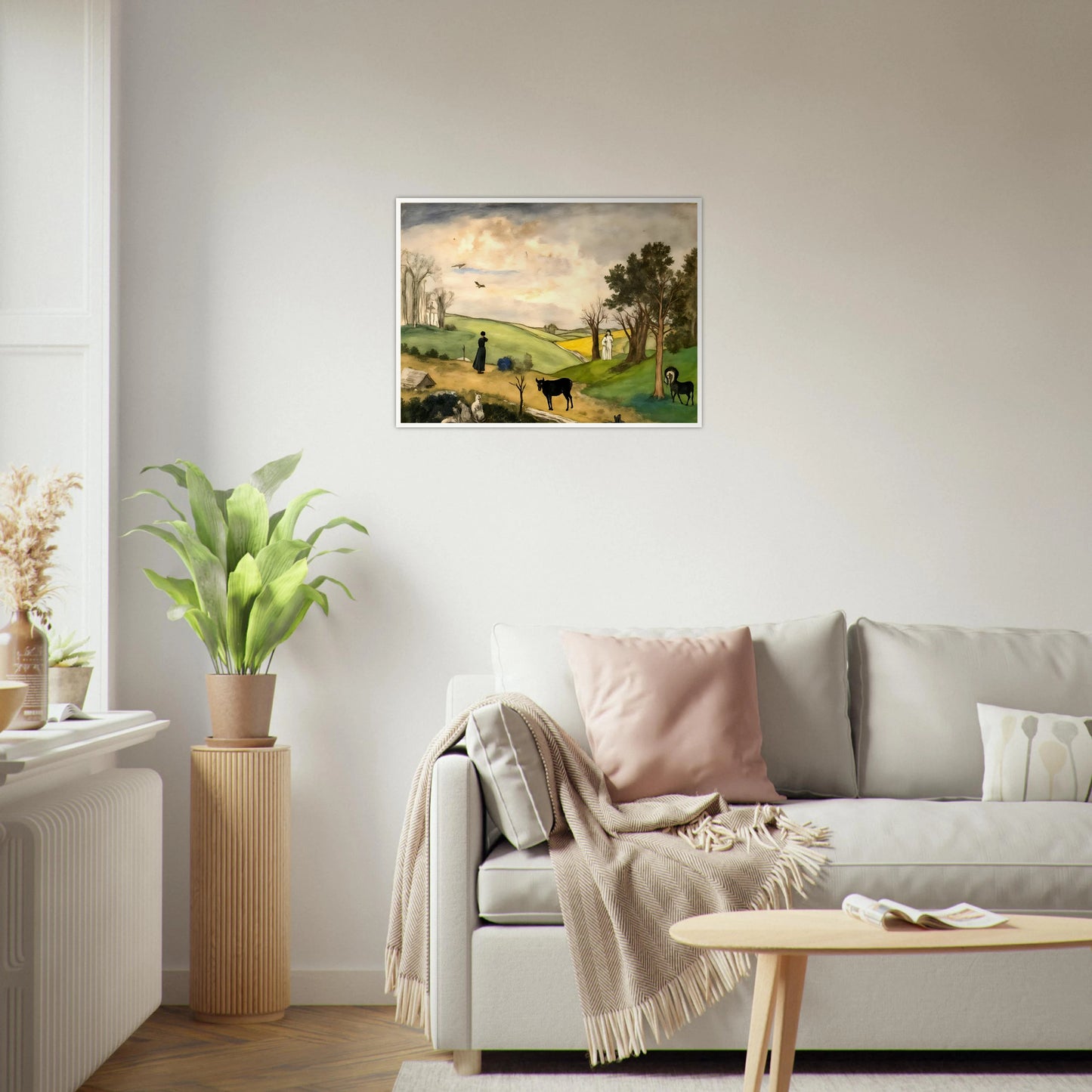 Figures, horses, birds, and trees rest across rolling green hills beneath a soft cloudy sky.