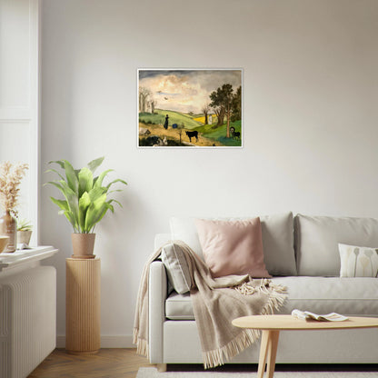 Figures, horses, birds, and trees rest across rolling green hills beneath a soft cloudy sky.