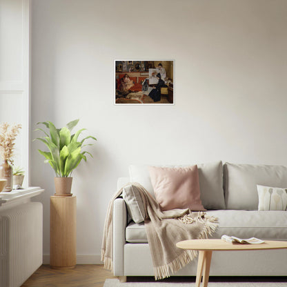 Three women gather in an artist’s studio with an easel, red sofa, framed pictures, and scattered art materials.
