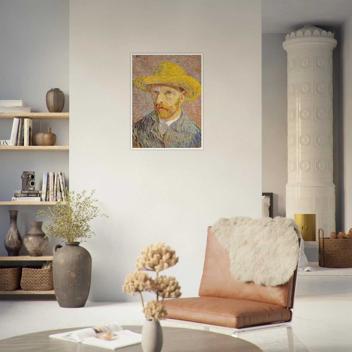 Van Gogh self-portrait in a yellow straw hat, blue jacket, and textured pastel strokes.
