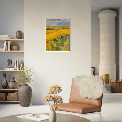 Golden fields stretch across rolling hills under a blue and cloudy sky, with trees dotting the lush summer landscape.