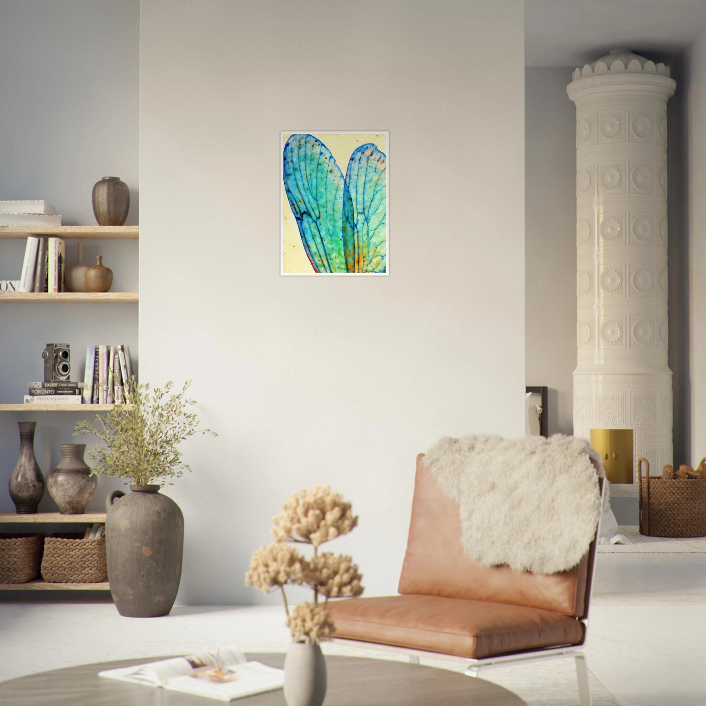 Delicate translucent blue wings with intricate vein patterns, softly glowing against a pale background with watercolor speckles.