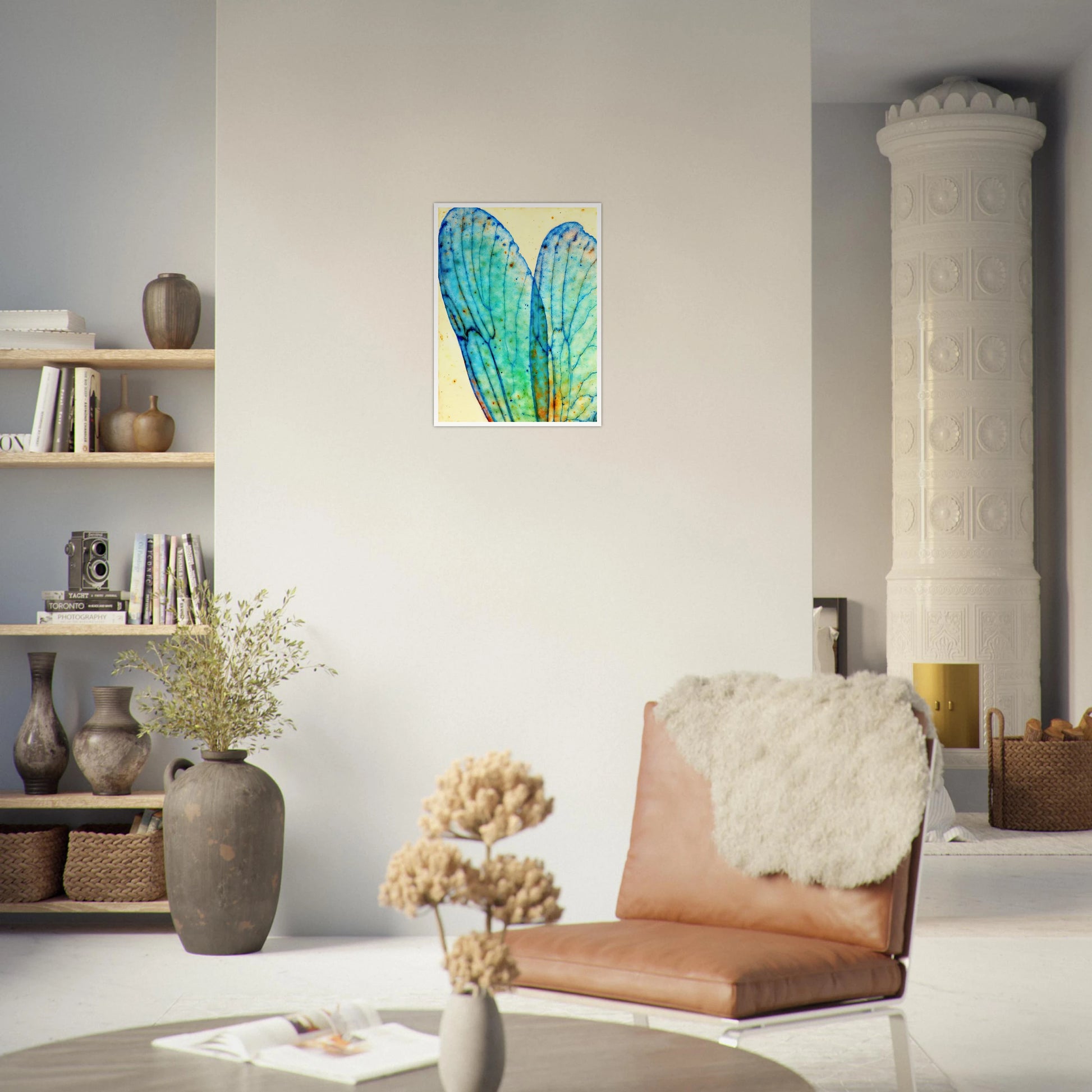 Delicate translucent blue wings with intricate vein patterns, softly glowing against a pale background with watercolor speckles.