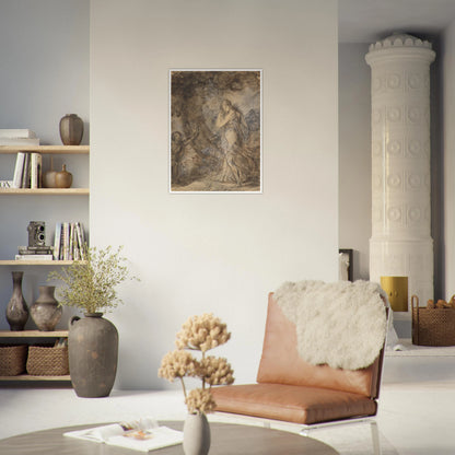 Daphnis runs toward Chloe in a loosely sketched woodland scene, rendered in soft brown and gray washes.